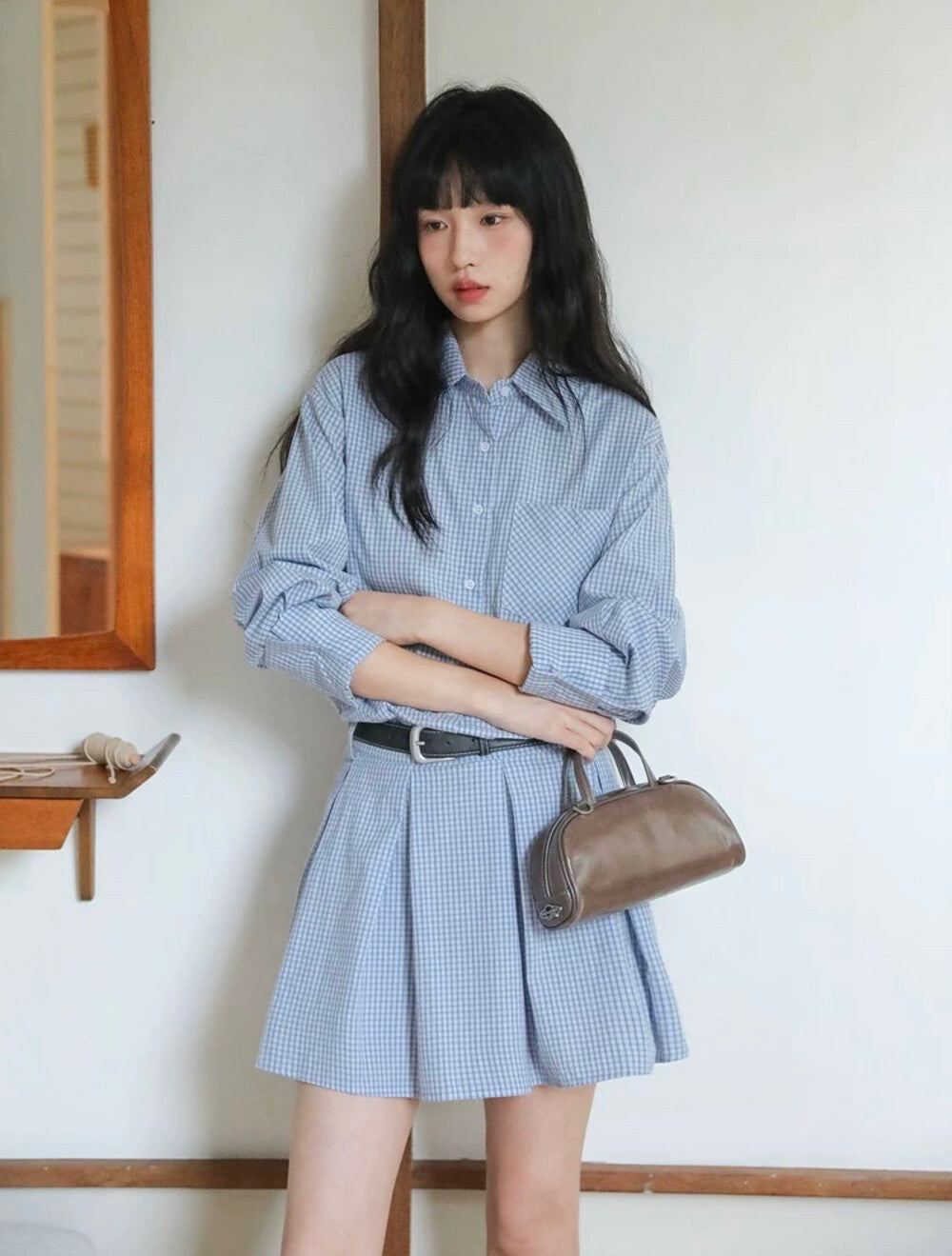 翻領格子恤衫連身裙