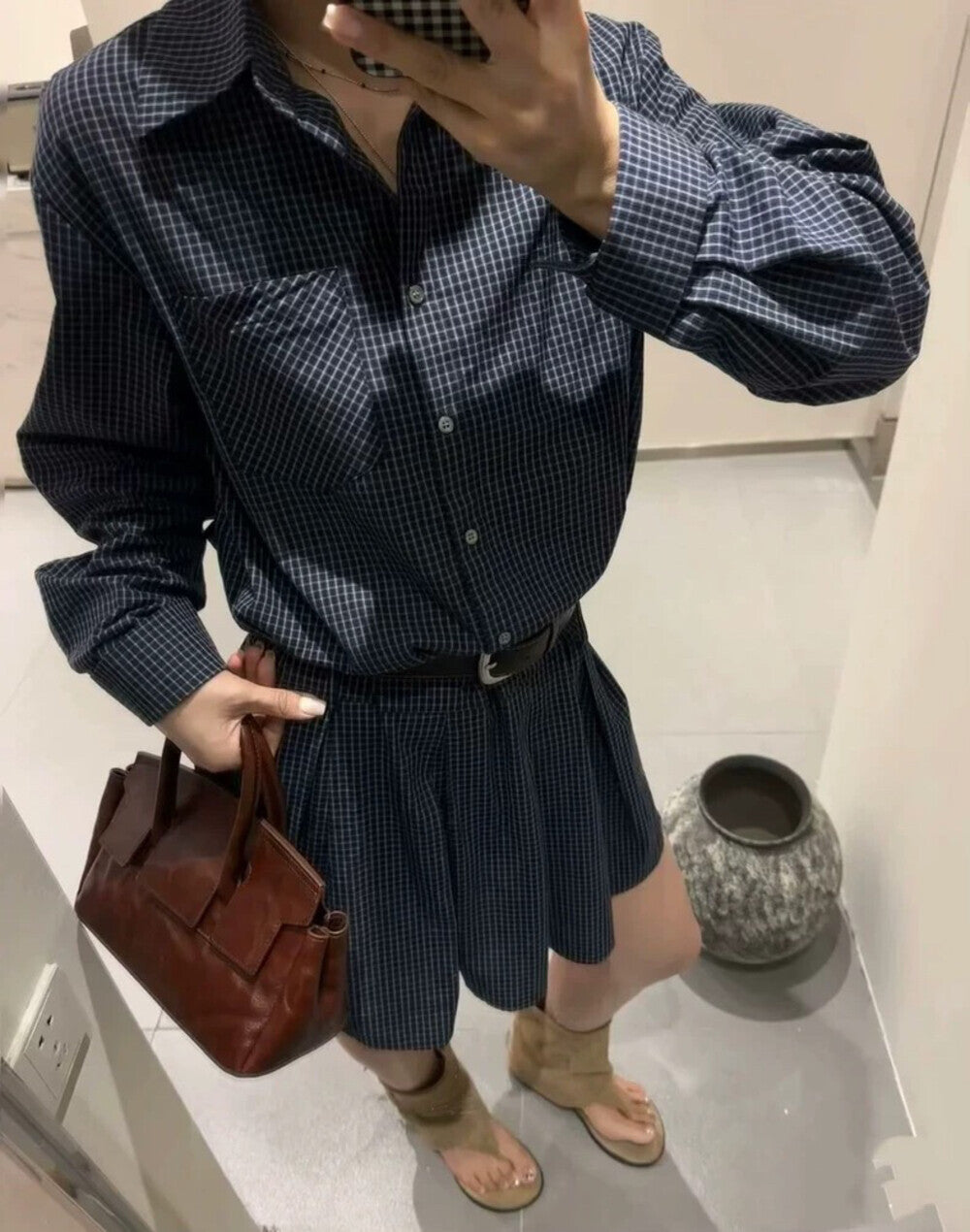 翻領格子恤衫連身裙