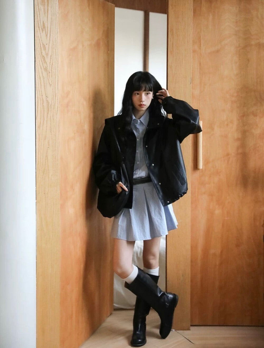 翻領格子恤衫連身裙