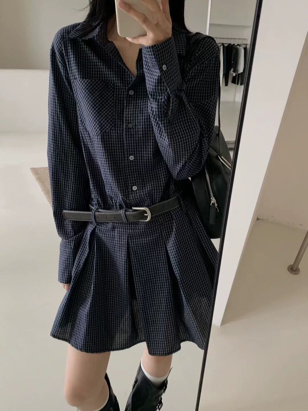 翻領格子恤衫連身裙