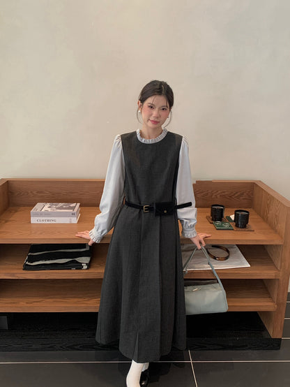 木耳邊拼接假兩件百褶連身裙