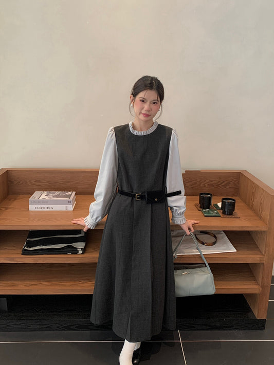 木耳邊拼接假兩件百褶連身裙