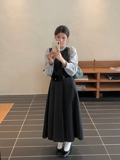 木耳邊拼接假兩件百褶連身裙