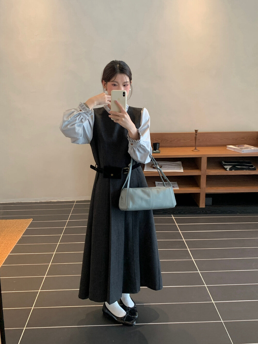 木耳邊拼接假兩件百褶連身裙