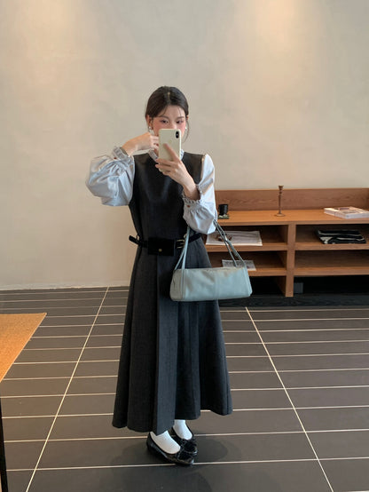 木耳邊拼接假兩件百褶連身裙