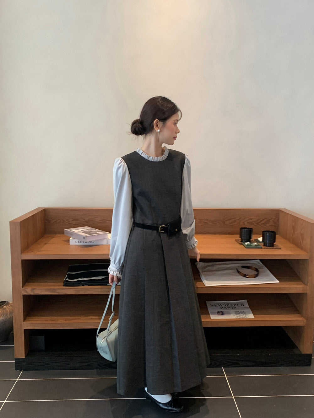 木耳邊拼接假兩件百褶連身裙