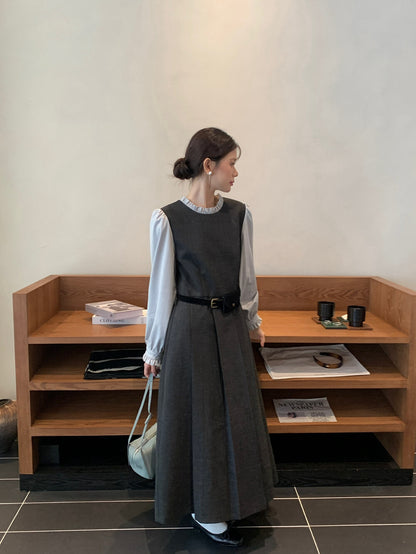 木耳邊拼接假兩件百褶連身裙