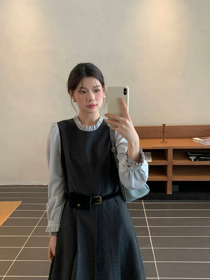 木耳邊拼接假兩件百褶連身裙