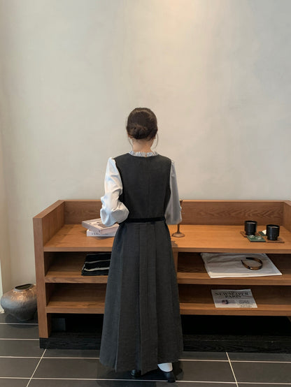 木耳邊拼接假兩件百褶連身裙