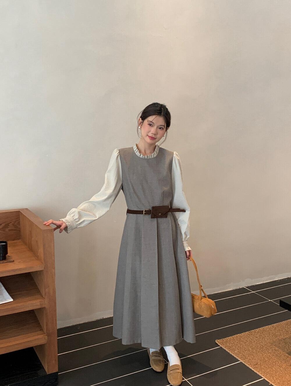 木耳邊拼接假兩件百褶連身裙