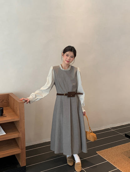 木耳邊拼接假兩件百褶連身裙