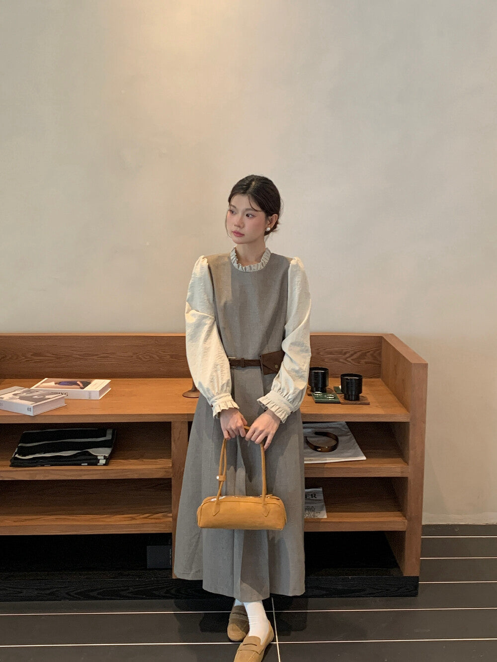 木耳邊拼接假兩件百褶連身裙