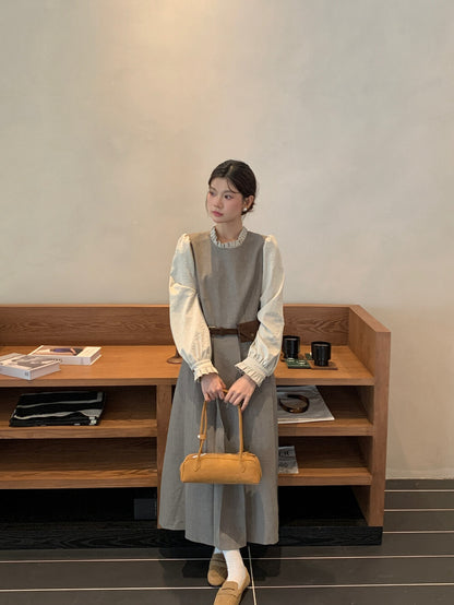 木耳邊拼接假兩件百褶連身裙