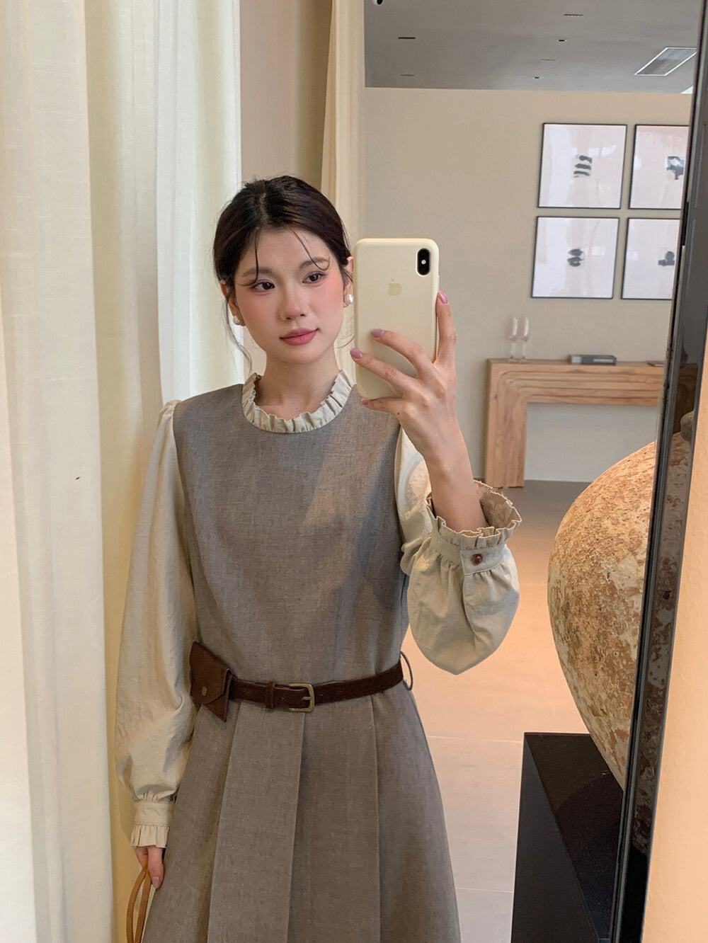 木耳邊拼接假兩件百褶連身裙