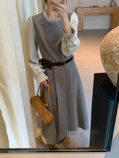 木耳邊拼接假兩件百褶連身裙