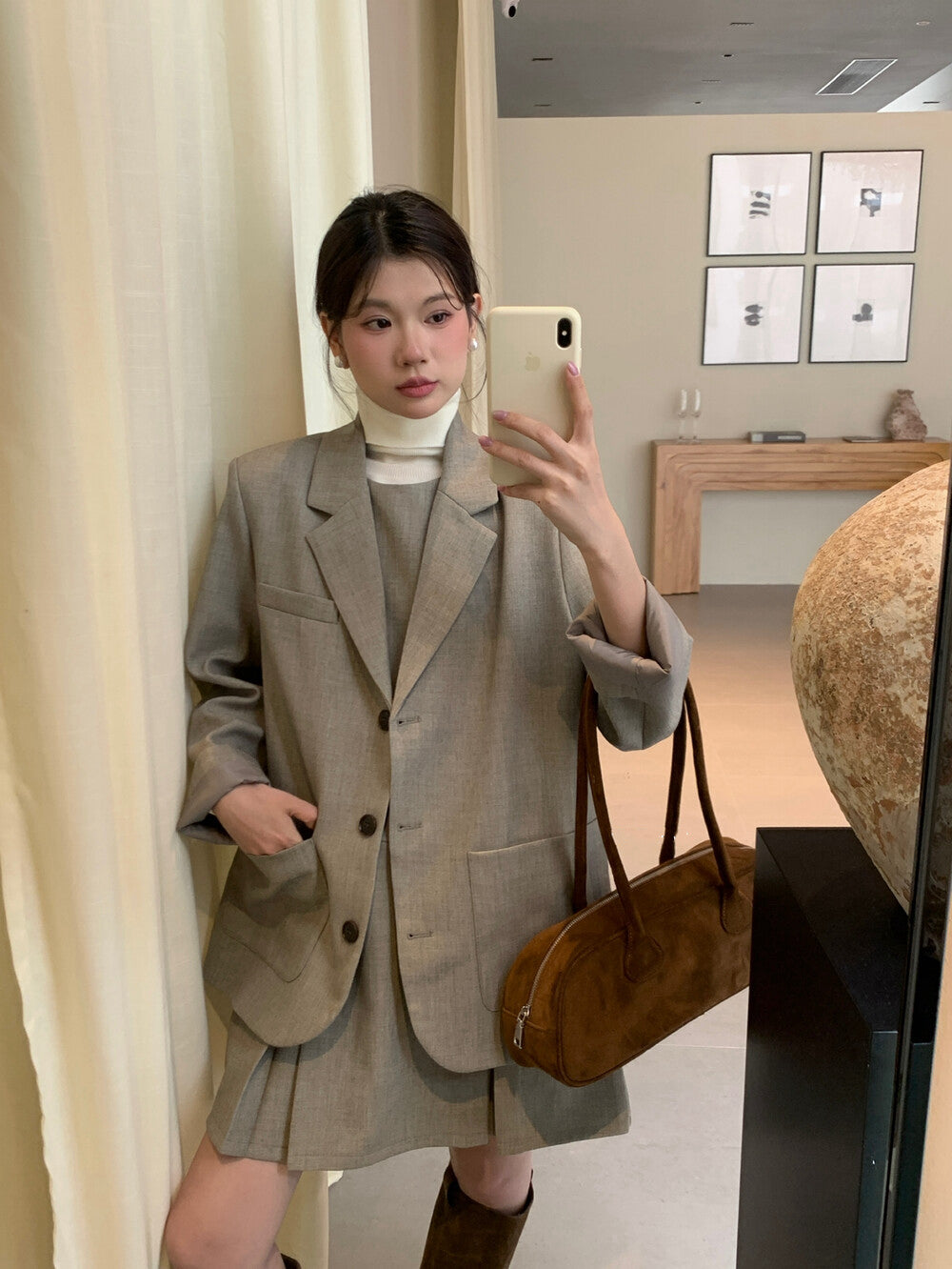 翻領口袋西裝+壓褶背心裙set