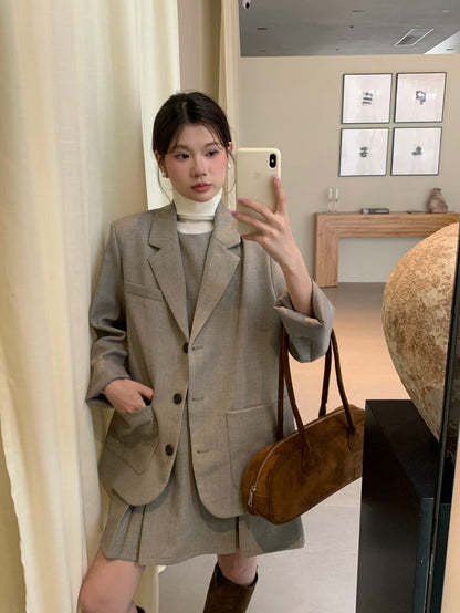 翻領口袋西裝+壓褶背心裙set
