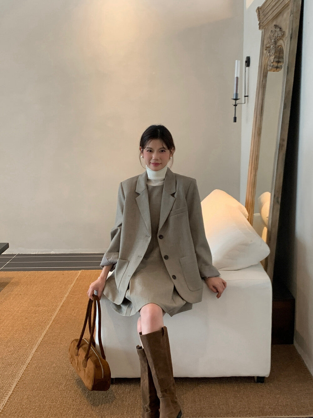 翻領口袋西裝+壓褶背心裙set