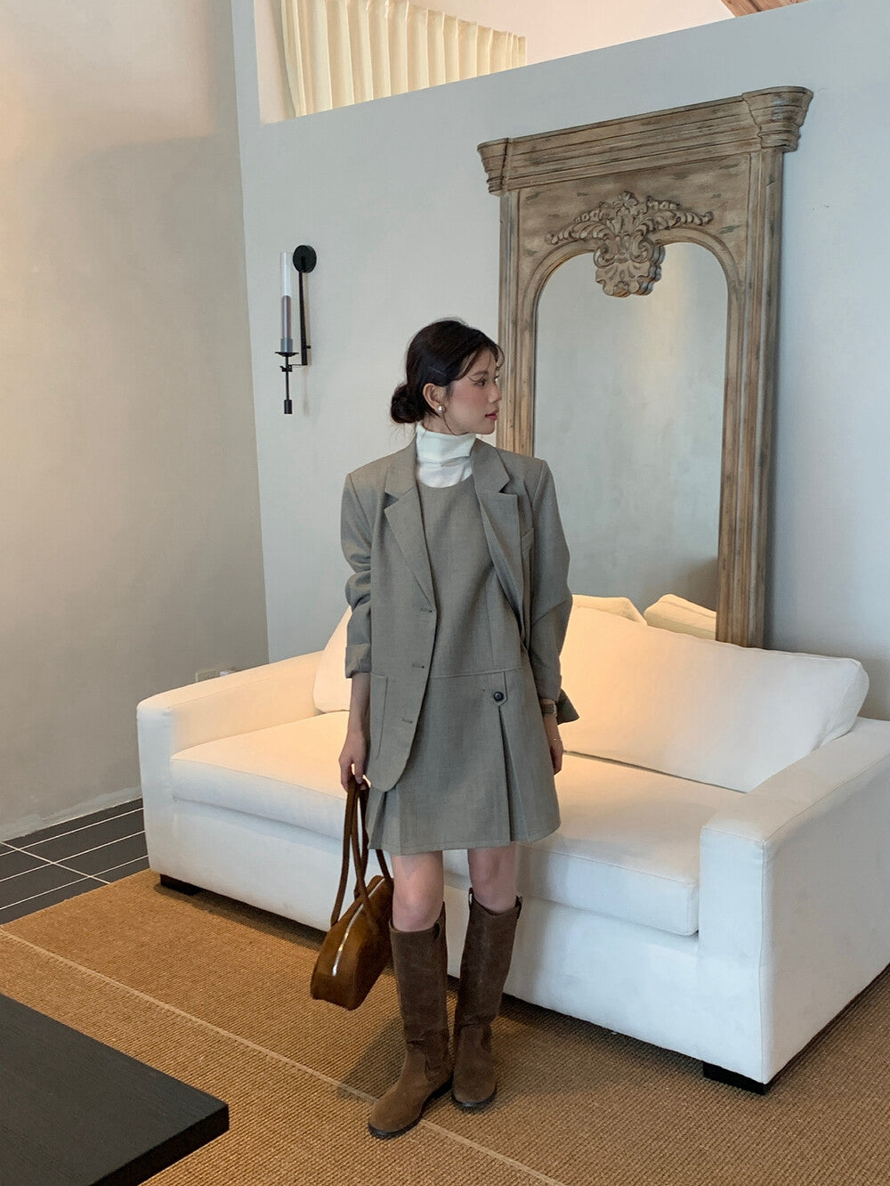 翻領口袋西裝+壓褶背心裙set