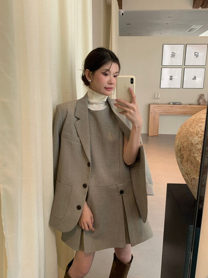 翻領口袋西裝+壓褶背心裙set