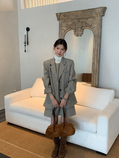 翻領口袋西裝+壓褶背心裙set