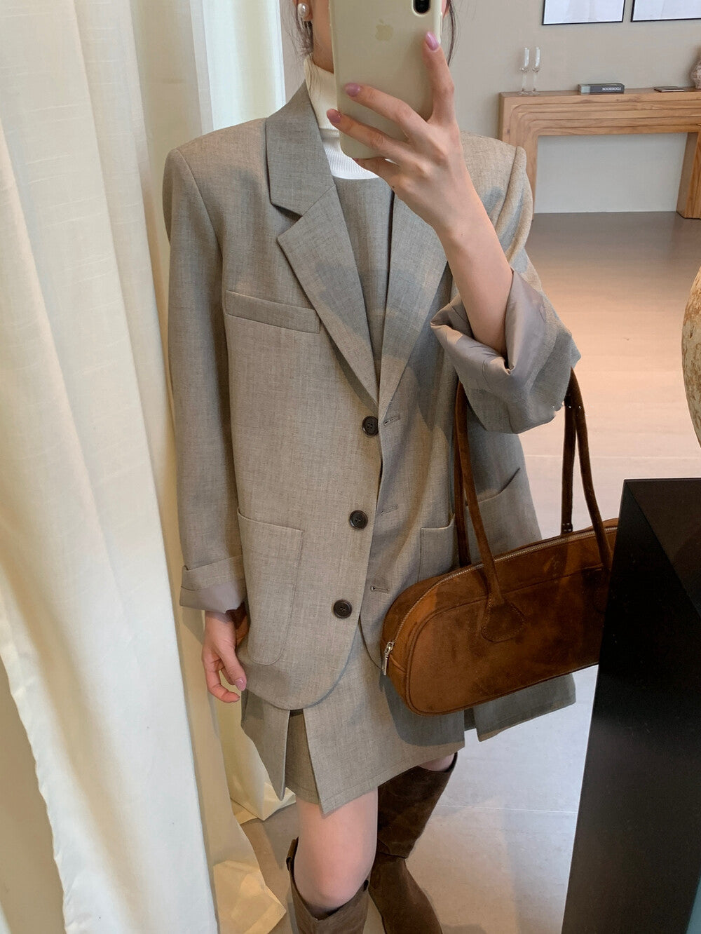 翻領口袋西裝+壓褶背心裙set