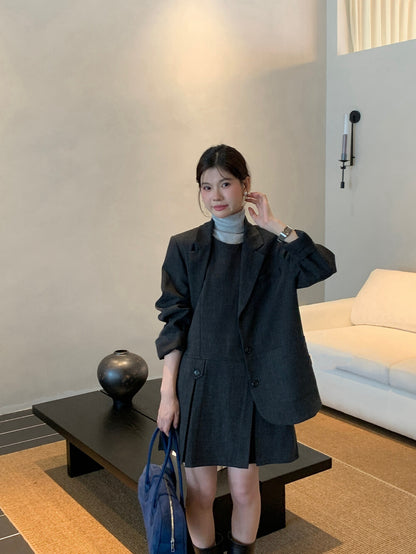 翻領口袋西裝+壓褶背心裙set