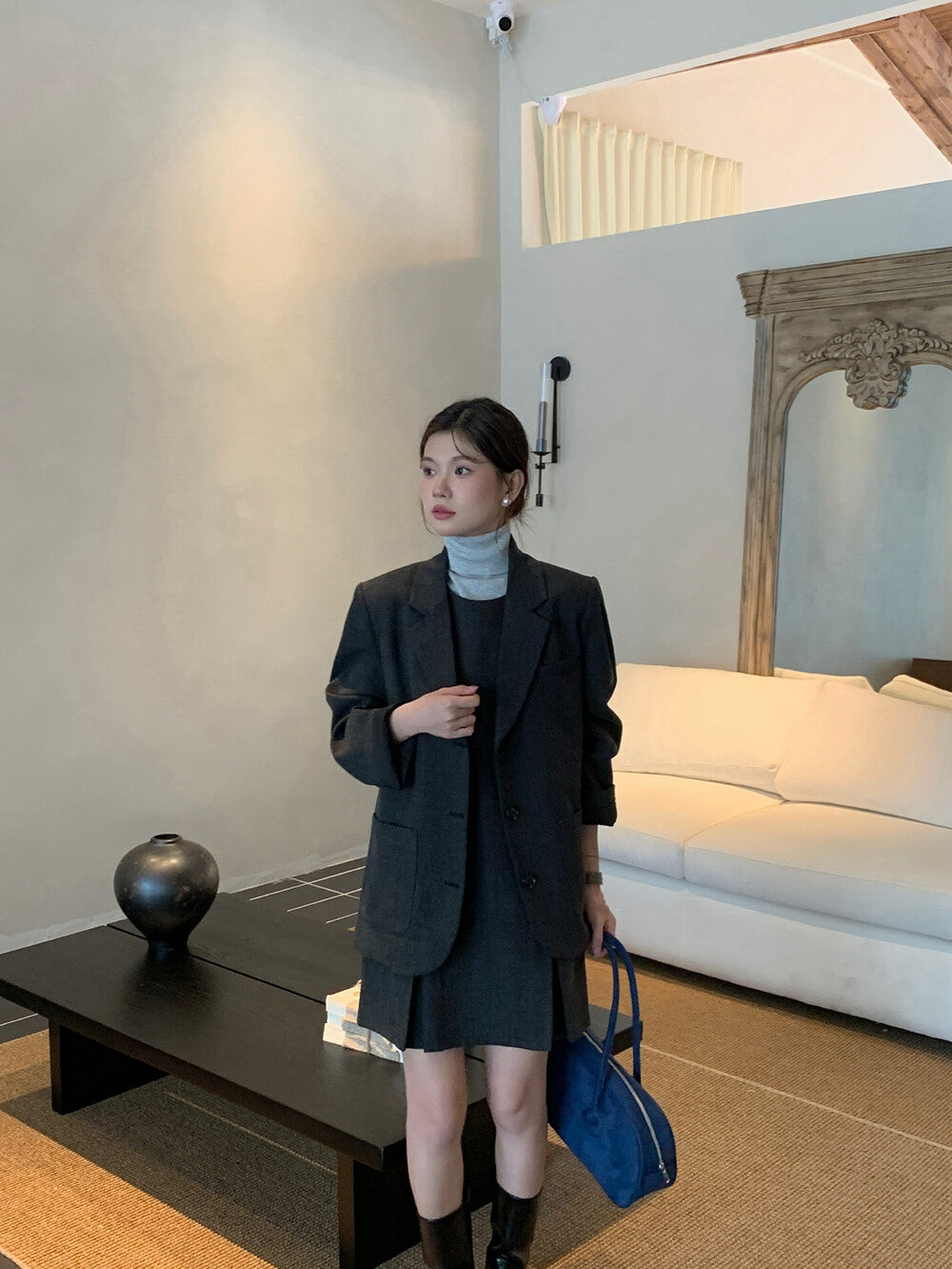 翻領口袋西裝+壓褶背心裙set