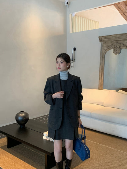 翻領口袋西裝+壓褶背心裙set