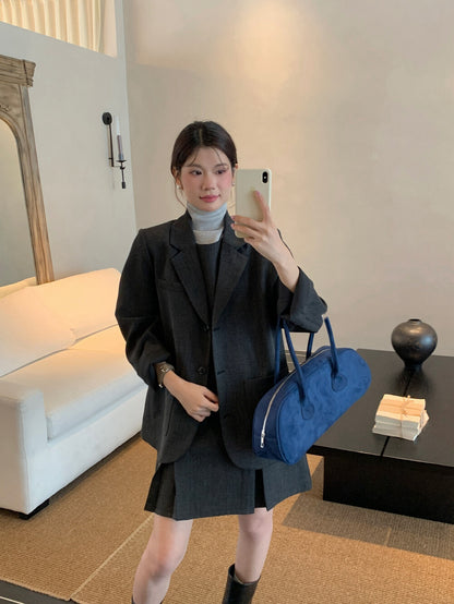 翻領口袋西裝+壓褶背心裙set