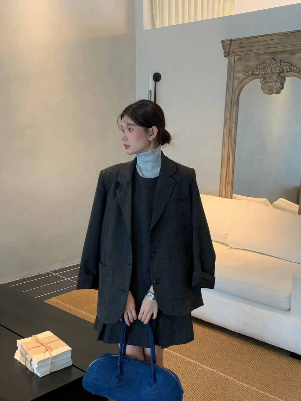 翻領口袋西裝+壓褶背心裙set