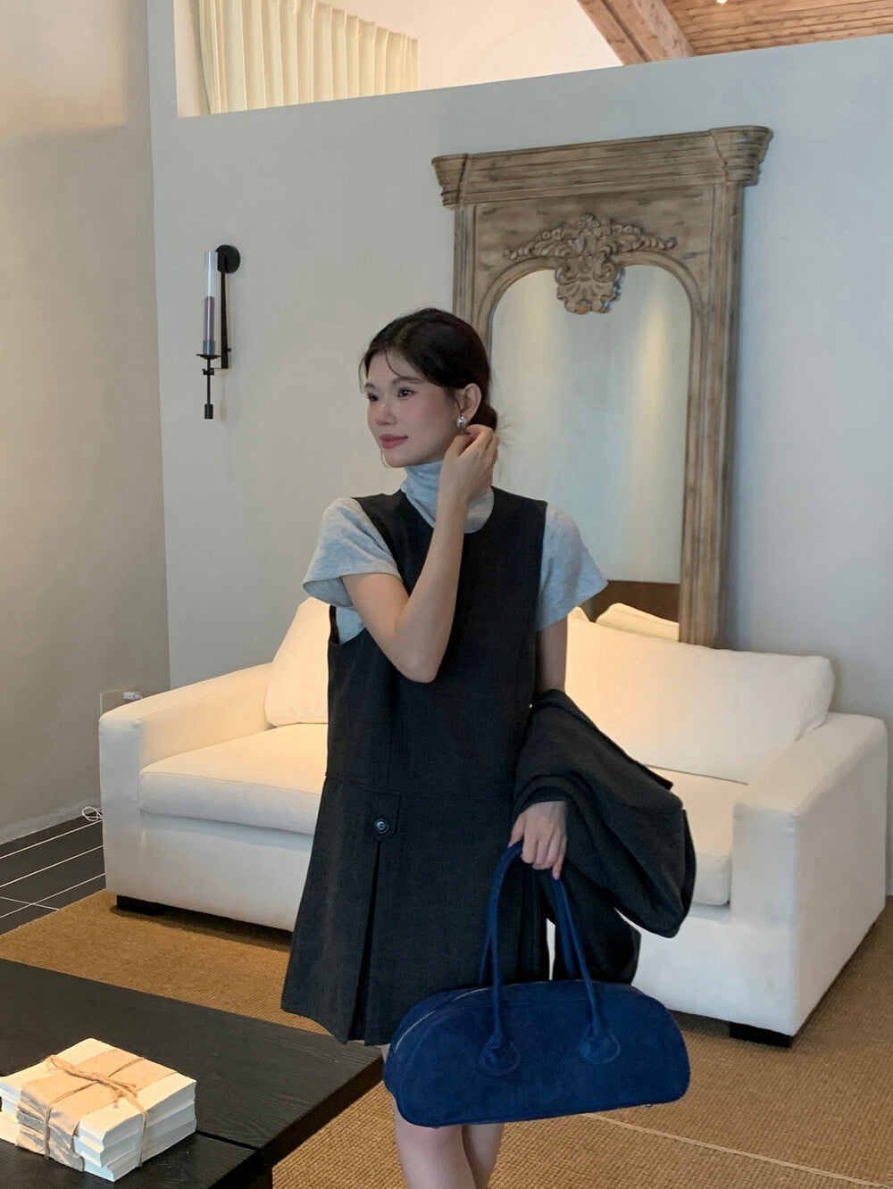 翻領口袋西裝+壓褶背心裙set