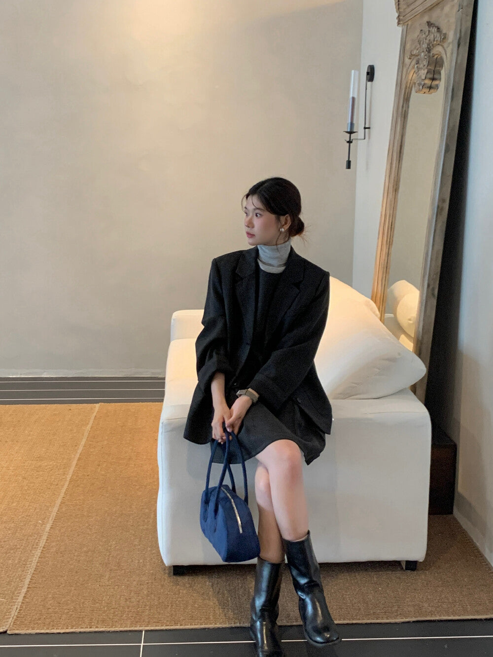 翻領口袋西裝+壓褶背心裙set