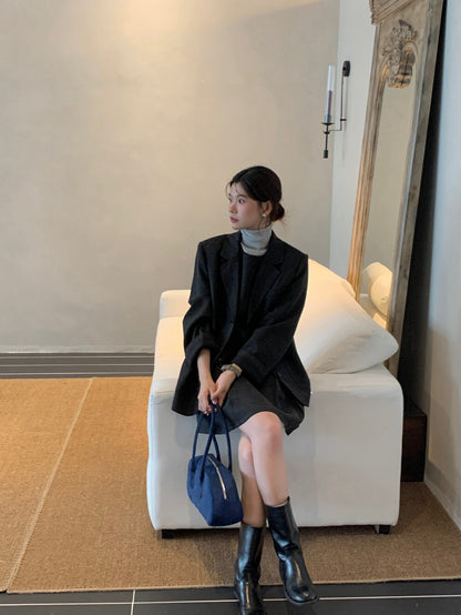 翻領口袋西裝+壓褶背心裙set