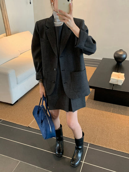 翻領口袋西裝+壓褶背心裙set