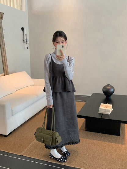 麂皮絨褶皺吊帶背心+木耳邊半身裙set