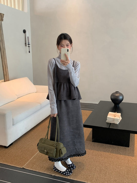 麂皮絨褶皺吊帶背心+木耳邊半身裙set