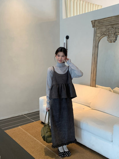 麂皮絨褶皺吊帶背心+木耳邊半身裙set
