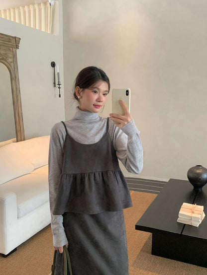 麂皮絨褶皺吊帶背心+木耳邊半身裙set