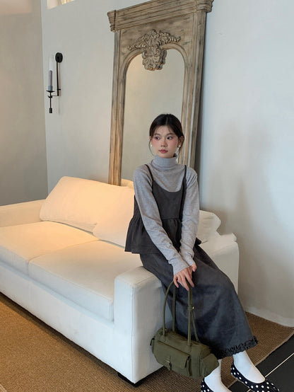 麂皮絨褶皺吊帶背心+木耳邊半身裙set