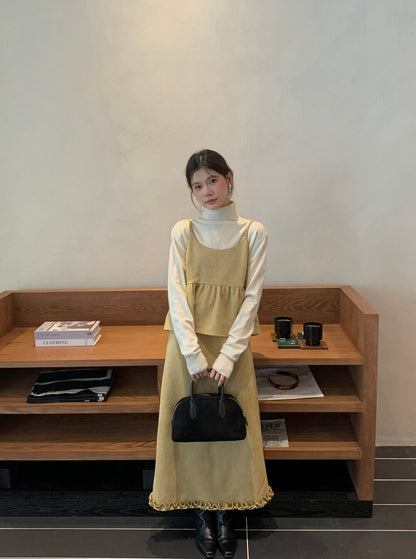 麂皮絨褶皺吊帶背心+木耳邊半身裙set