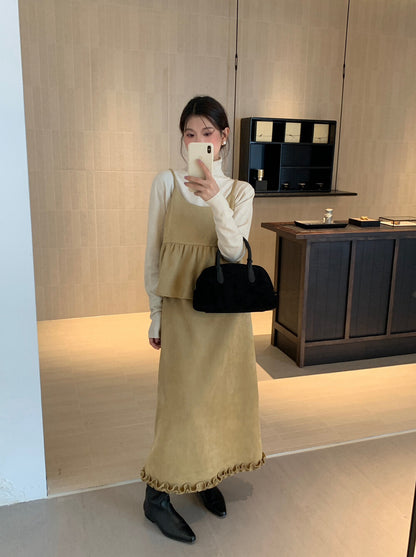 麂皮絨褶皺吊帶背心+木耳邊半身裙set
