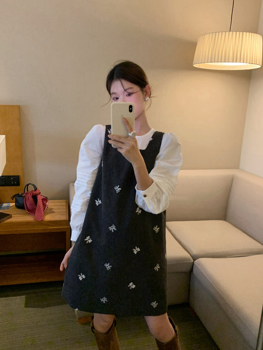 方領蝴蝶結刺繡背心裙