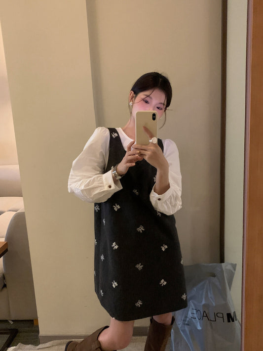 方領蝴蝶結刺繡背心裙