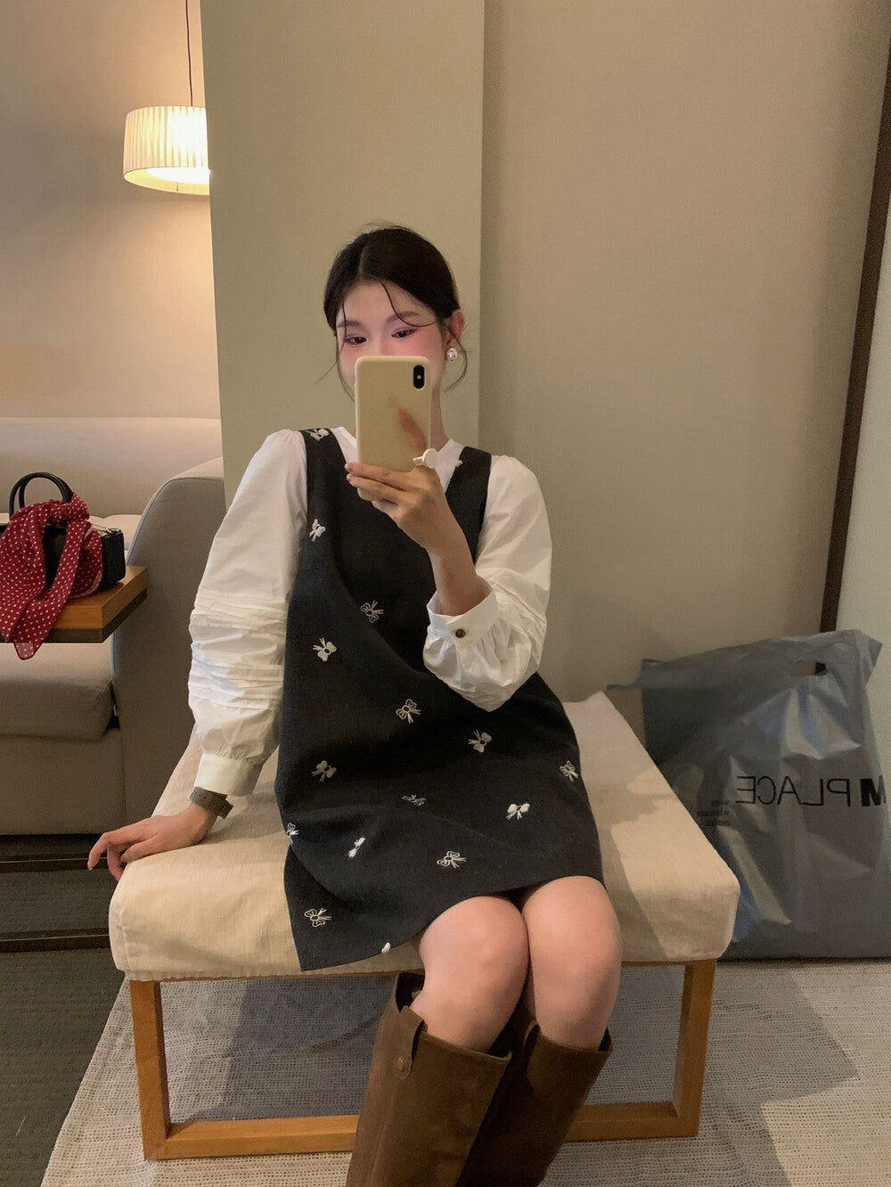 方領蝴蝶結刺繡背心裙