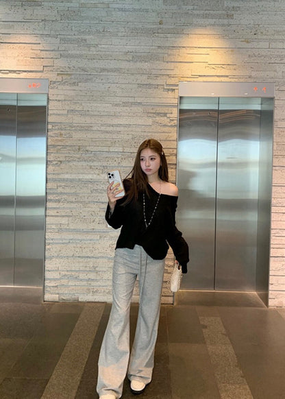 ドローストリング付きハイウエストスリムフィットカジュアルパンツ