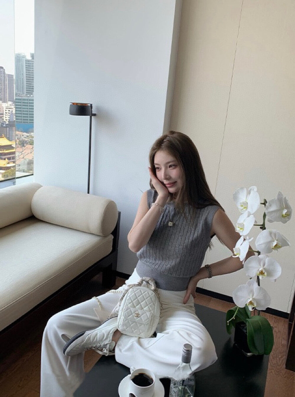 ドローストリング付きハイウエストスリムフィットカジュアルパンツ