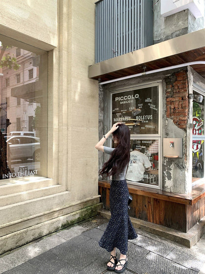 法式高腰碎花魚尾裙