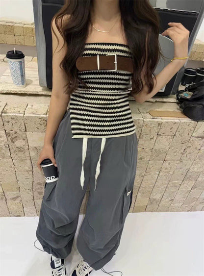 Striped Split-Knit Tube Top