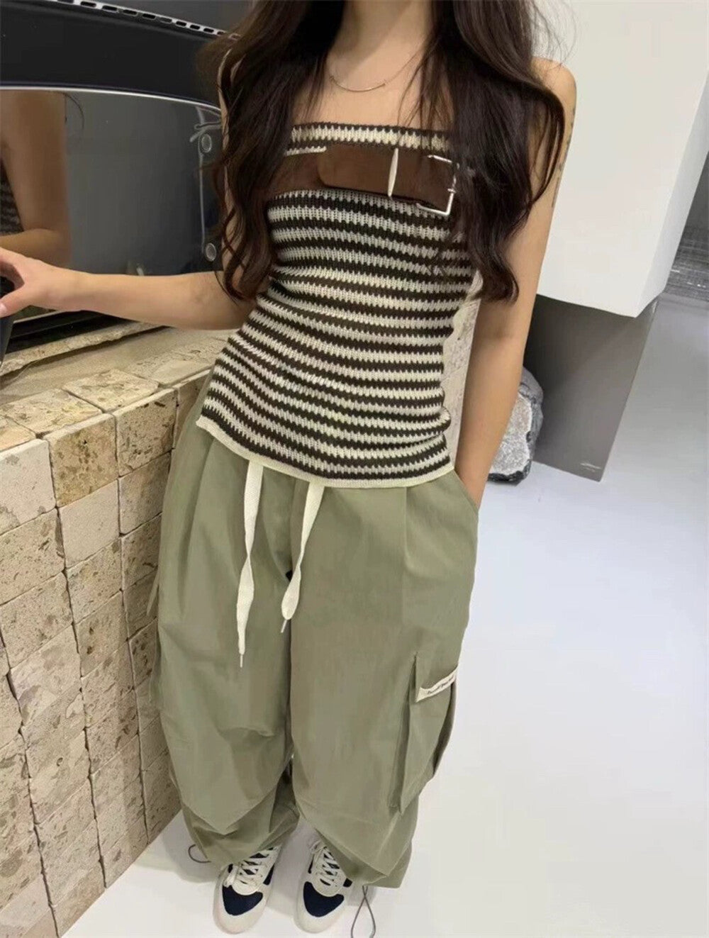 Striped Split-Knit Tube Top